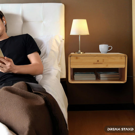 Modern Bamboo Floating Nightstand with Drawer & Charging Station/Wall Mounted Bedside Table, Floating Shelf Nightstands for Small Spaces/Hanging Night Stand for Bedroom & Living Room/Easy Install