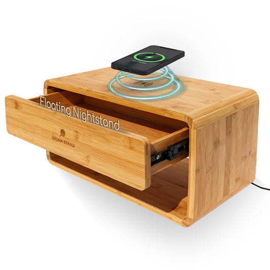 Modern Bamboo Floating Nightstand with Drawer & Charging Station/Wall Mounted Bedside Table, Floating Shelf Nightstands for Small Spaces/Hanging Night Stand for Bedroom & Living Room/Easy Install